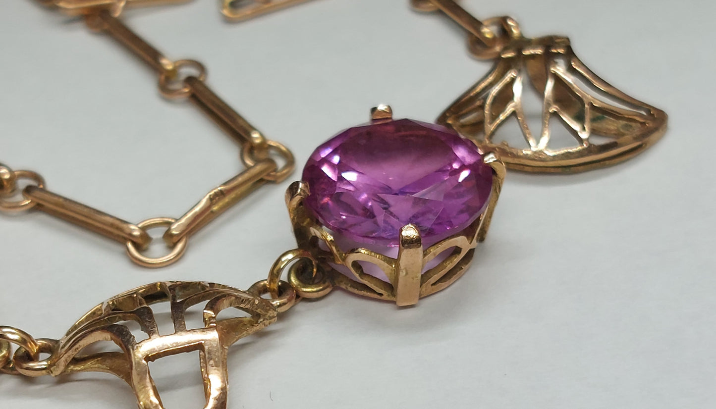 Antik Art Deco 14 karat guld collier med tre facetslebne rødlilla topaz