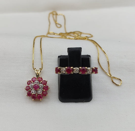 Vintage smykkesæt i 14 karat guld med rubin og diamant